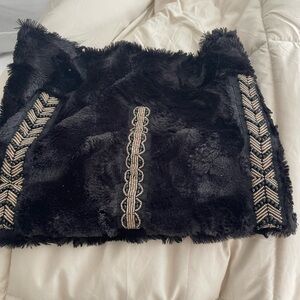 Black Faux Fur infinity neck scarf with Embroidered Accents